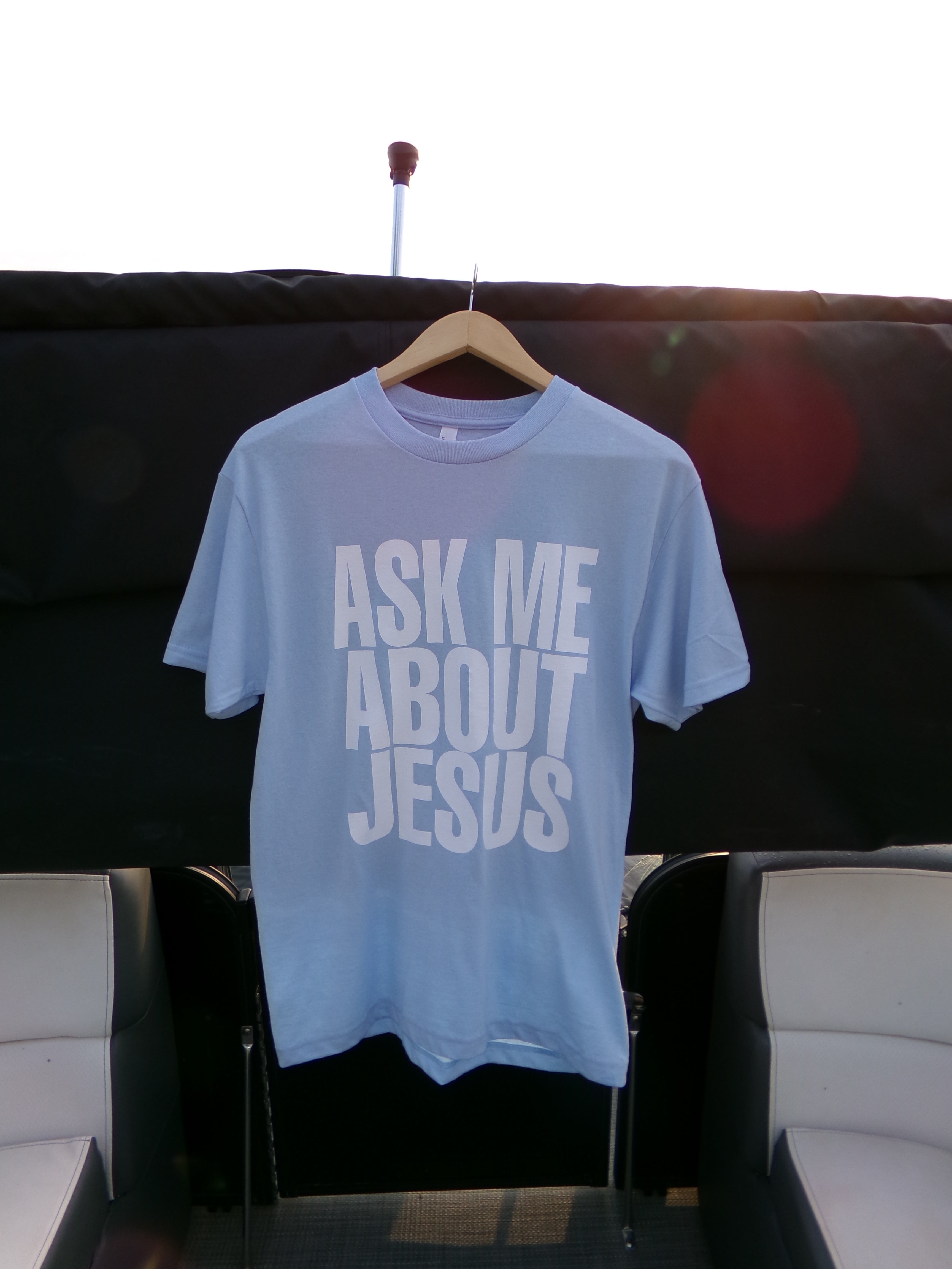 Blue Ask Me About Jesus Tee